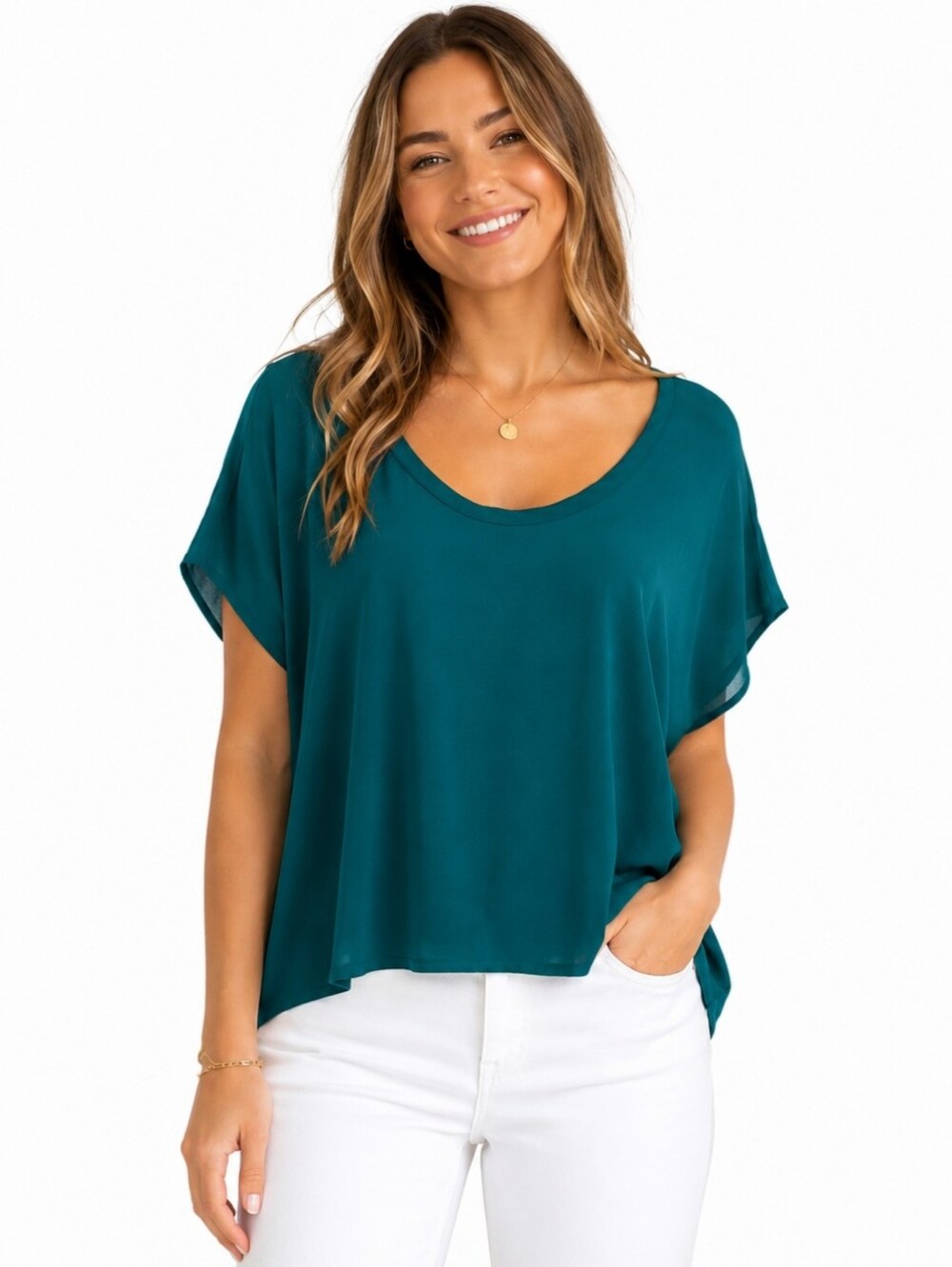 Lush Teal Short Sleeve Blouse Lightweight Flowy Top Size S